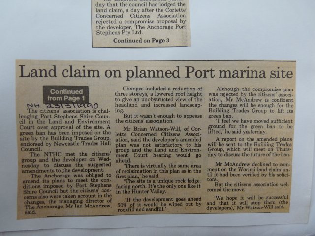 Worimi Land claim, Port Stephens. Newcastle Herald 1990.